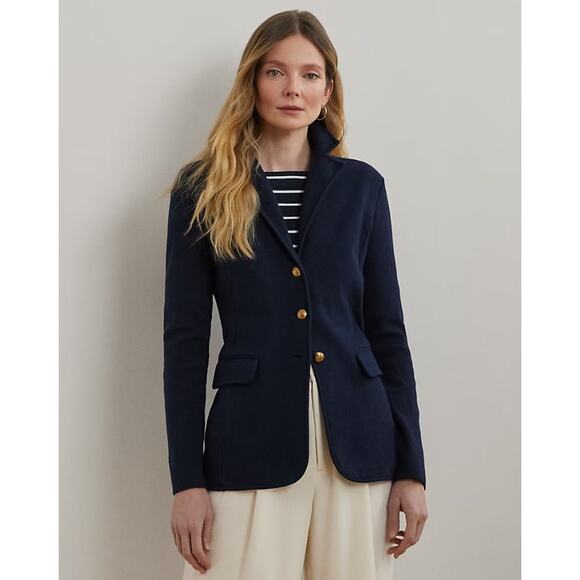 LAUREN RALPH LAUREN Navy Sweater-Knit Cotton-Blend Blazer Petite Small - Picture 1 of 12